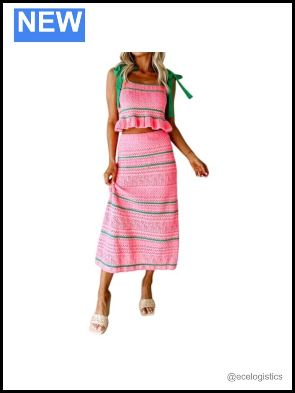 Crochet Knit 2 Piece Vacation Outfit Sleeveless Striped Tie Shoulder Tank Top